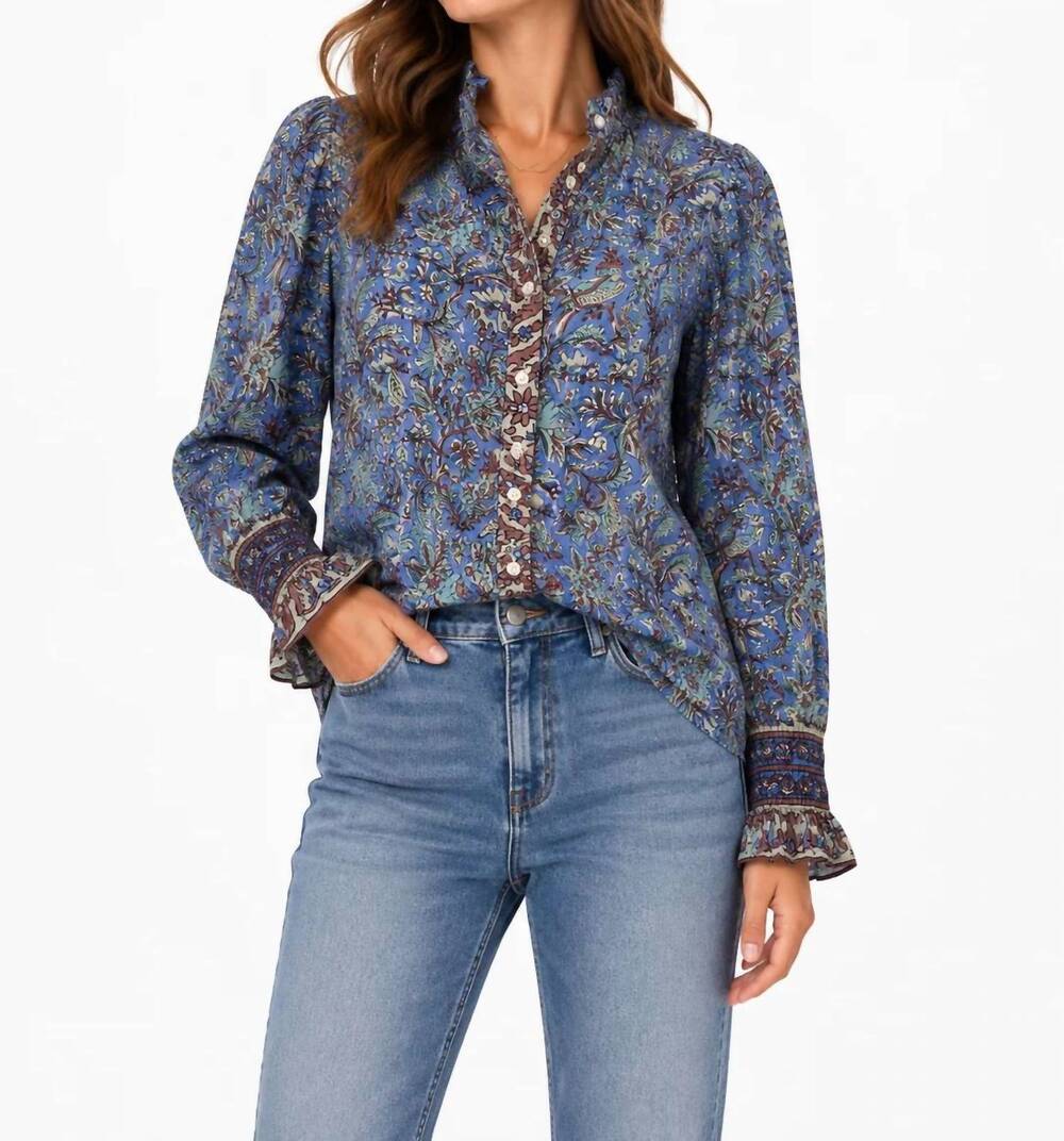 NEW LA PLAGE thursday long sleeve top in bird floral blue